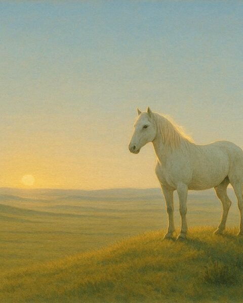 A sacred white horse standing on a glowing Mongolian steppe at sunrise, symbolizing heavenly guidance.