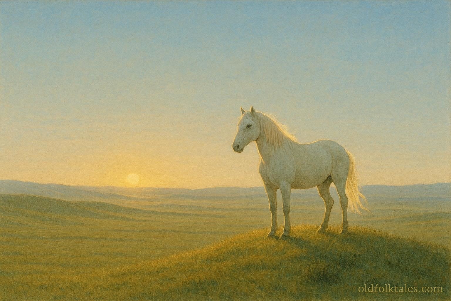 A sacred white horse standing on a glowing Mongolian steppe at sunrise, symbolizing heavenly guidance.