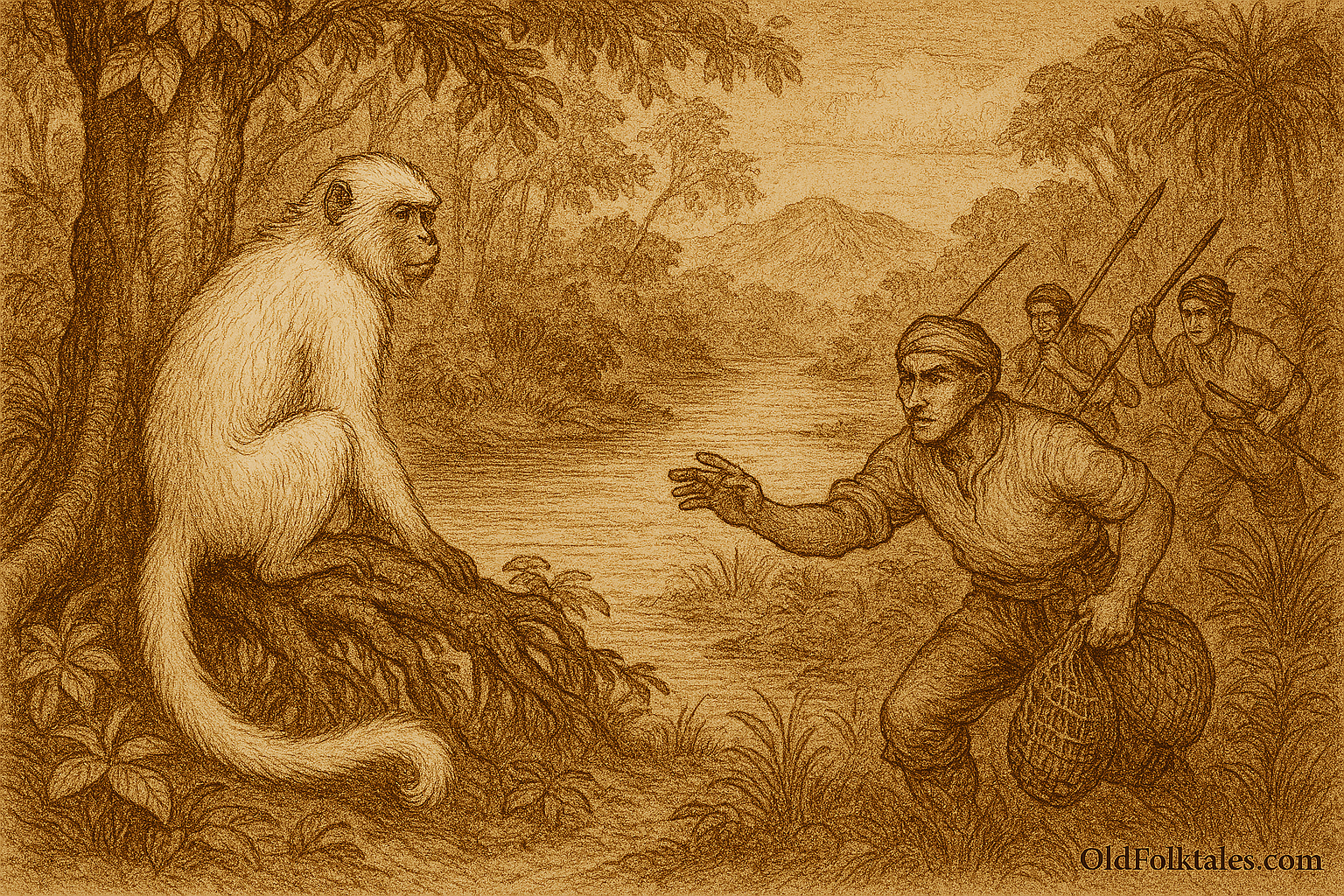 Sepia-toned parchment illustration of a Brunei folktale scene along the Tutong River. A luminous white monkey with flowing fur sits calmly on a tree root, gazing at three hunters approaching through dense rainforest. The hunters, armed with spears and nets, move cautiously, their expressions tense and determined. The river winds through the jungle in the background, framed by towering trees and misty hills. The image evokes themes of sacred guardianship, human greed, and nature’s quiet warning. “OldFolktales.com” is inscribed at the bottom right.