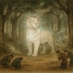 White tiger spirit in a misty forest with villagers bowing, symbolizing Vietnamese highland guardian lore.