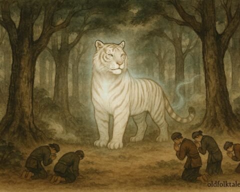 White tiger spirit in a misty forest with villagers bowing, symbolizing Vietnamese highland guardian lore.