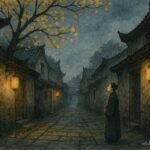 A widow standing at dusk beneath a gingko tree listening to shadows in an ancient Chinese city alley, symbolizing hidden knowledge and quiet protection.