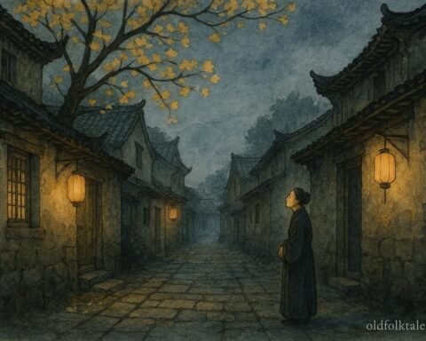 A widow standing at dusk beneath a gingko tree listening to shadows in an ancient Chinese city alley, symbolizing hidden knowledge and quiet protection.