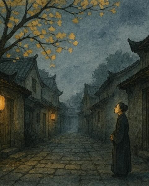 A widow standing at dusk beneath a gingko tree listening to shadows in an ancient Chinese city alley, symbolizing hidden knowledge and quiet protection.
