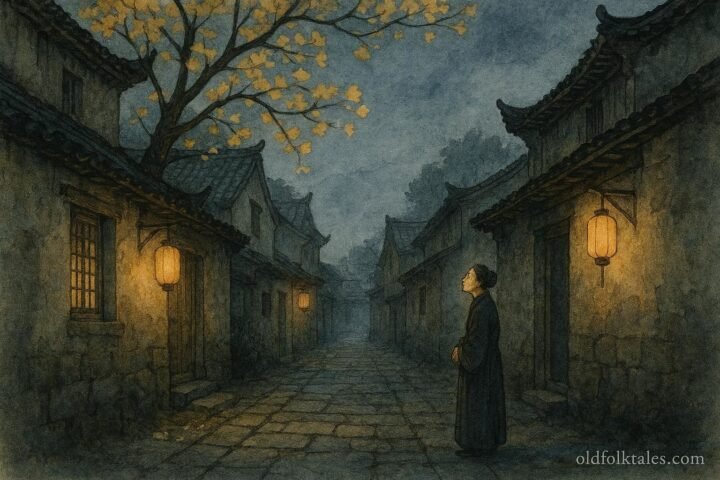 A widow standing at dusk beneath a gingko tree listening to shadows in an ancient Chinese city alley, symbolizing hidden knowledge and quiet protection.