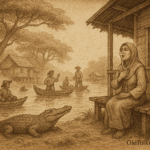 Sepia-toned illustration on aged rice parchment shows a Bruneian riverside village at dawn. On the right, a widow in traditional attire sits on the veranda of a stilted wooden house, singing with one hand on her chest. Her voice drifts across the Belait River, where fishermen in boats haul abundant catches. A crocodile rests peacefully on the muddy bank below her. In the background, villagers offer gifts at her doorstep, while Hamid stands mockingly in his boat, laughing. Ethereal mist hints at river spirits watching over the scene. “OldFolktales.com” is inscribed at the bottom right.