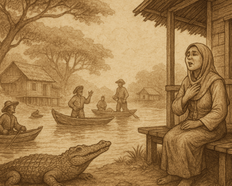 Sepia-toned illustration on aged rice parchment shows a Bruneian riverside village at dawn. On the right, a widow in traditional attire sits on the veranda of a stilted wooden house, singing with one hand on her chest. Her voice drifts across the Belait River, where fishermen in boats haul abundant catches. A crocodile rests peacefully on the muddy bank below her. In the background, villagers offer gifts at her doorstep, while Hamid stands mockingly in his boat, laughing. Ethereal mist hints at river spirits watching over the scene. “OldFolktales.com” is inscribed at the bottom right.