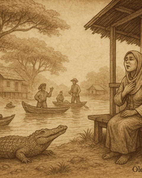 Sepia-toned illustration on aged rice parchment shows a Bruneian riverside village at dawn. On the right, a widow in traditional attire sits on the veranda of a stilted wooden house, singing with one hand on her chest. Her voice drifts across the Belait River, where fishermen in boats haul abundant catches. A crocodile rests peacefully on the muddy bank below her. In the background, villagers offer gifts at her doorstep, while Hamid stands mockingly in his boat, laughing. Ethereal mist hints at river spirits watching over the scene. “OldFolktales.com” is inscribed at the bottom right.