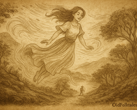 Sepia-toned illustration on aged parchment shows a ghostly young woman named Dalisay hovering above a windswept mountain path on Siquijor Island. Her long hair and traditional Filipino dress flow with the swirling wind as she glides effortlessly through the air, eyes closed and smiling serenely. Below her, a lone traveler walks the rugged path, surrounded by twisted trees and gusting breezes. The background features misty hills and distant peaks. “OldFolktales.com” is inscribed in the bottom right corner.
