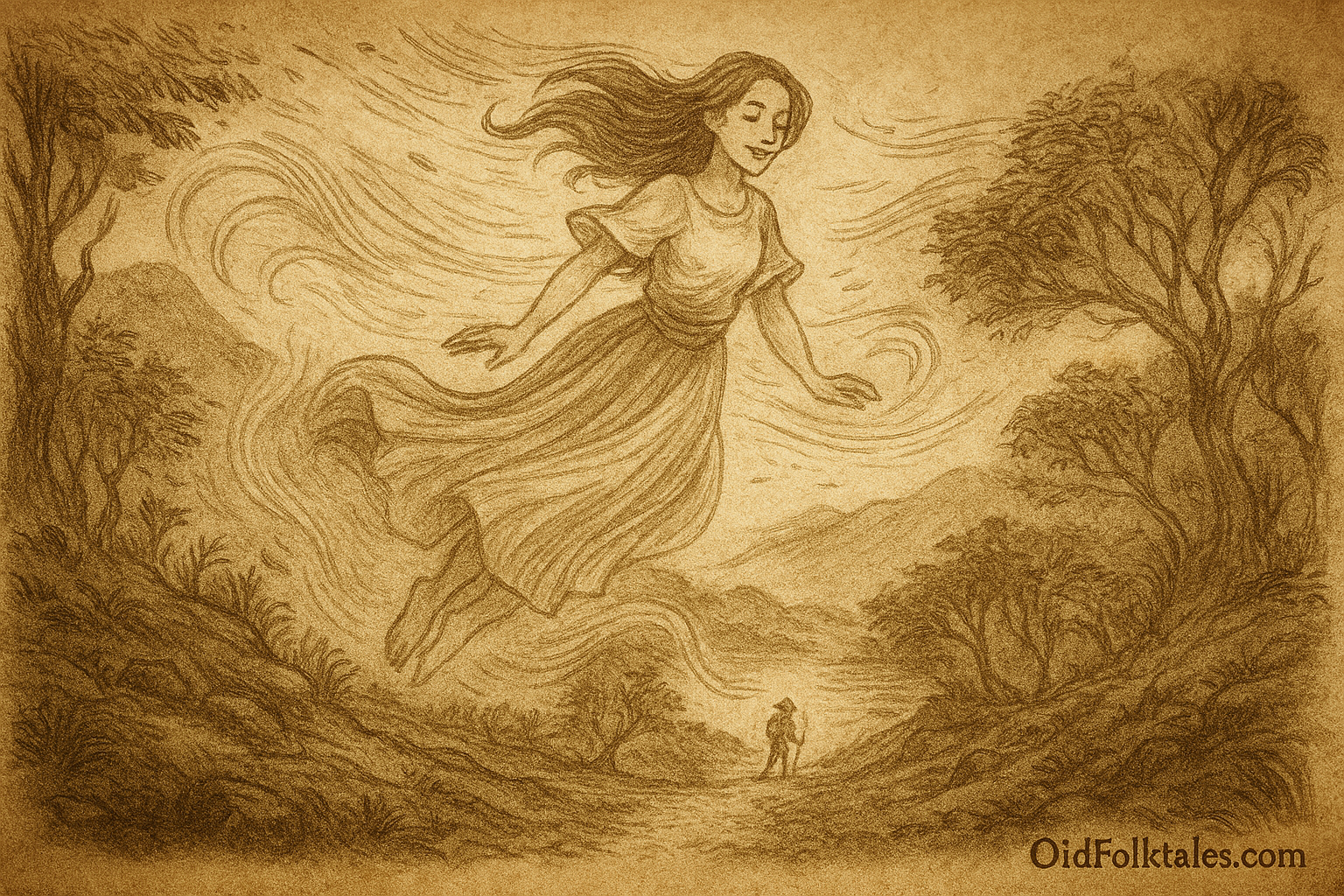 Sepia-toned illustration on aged parchment shows a ghostly young woman named Dalisay hovering above a windswept mountain path on Siquijor Island. Her long hair and traditional Filipino dress flow with the swirling wind as she glides effortlessly through the air, eyes closed and smiling serenely. Below her, a lone traveler walks the rugged path, surrounded by twisted trees and gusting breezes. The background features misty hills and distant peaks. “OldFolktales.com” is inscribed in the bottom right corner.