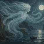 A translucent wind spirit flows over jagged cliffs guiding a small fishing boat on a moonlit sea