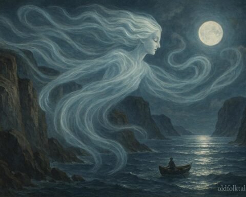 A translucent wind spirit flows over jagged cliffs guiding a small fishing boat on a moonlit sea