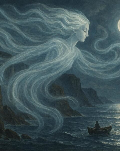 A translucent wind spirit flows over jagged cliffs guiding a small fishing boat on a moonlit sea