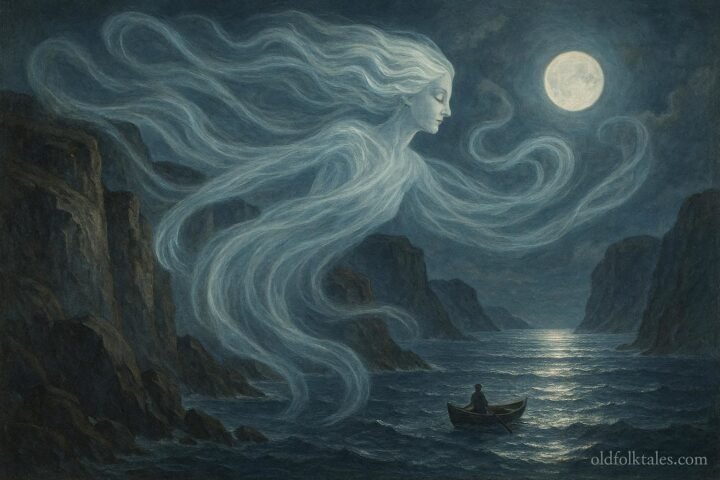 A translucent wind spirit flows over jagged cliffs guiding a small fishing boat on a moonlit sea