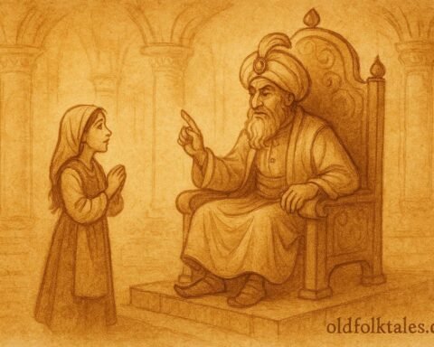 Parchment-style artwork of the wise peasant girl answering the Sultan’s riddles in an Israeli folktale.