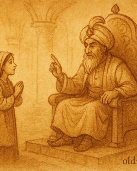 Parchment-style artwork of the wise peasant girl answering the Sultan’s riddles in an Israeli folktale.