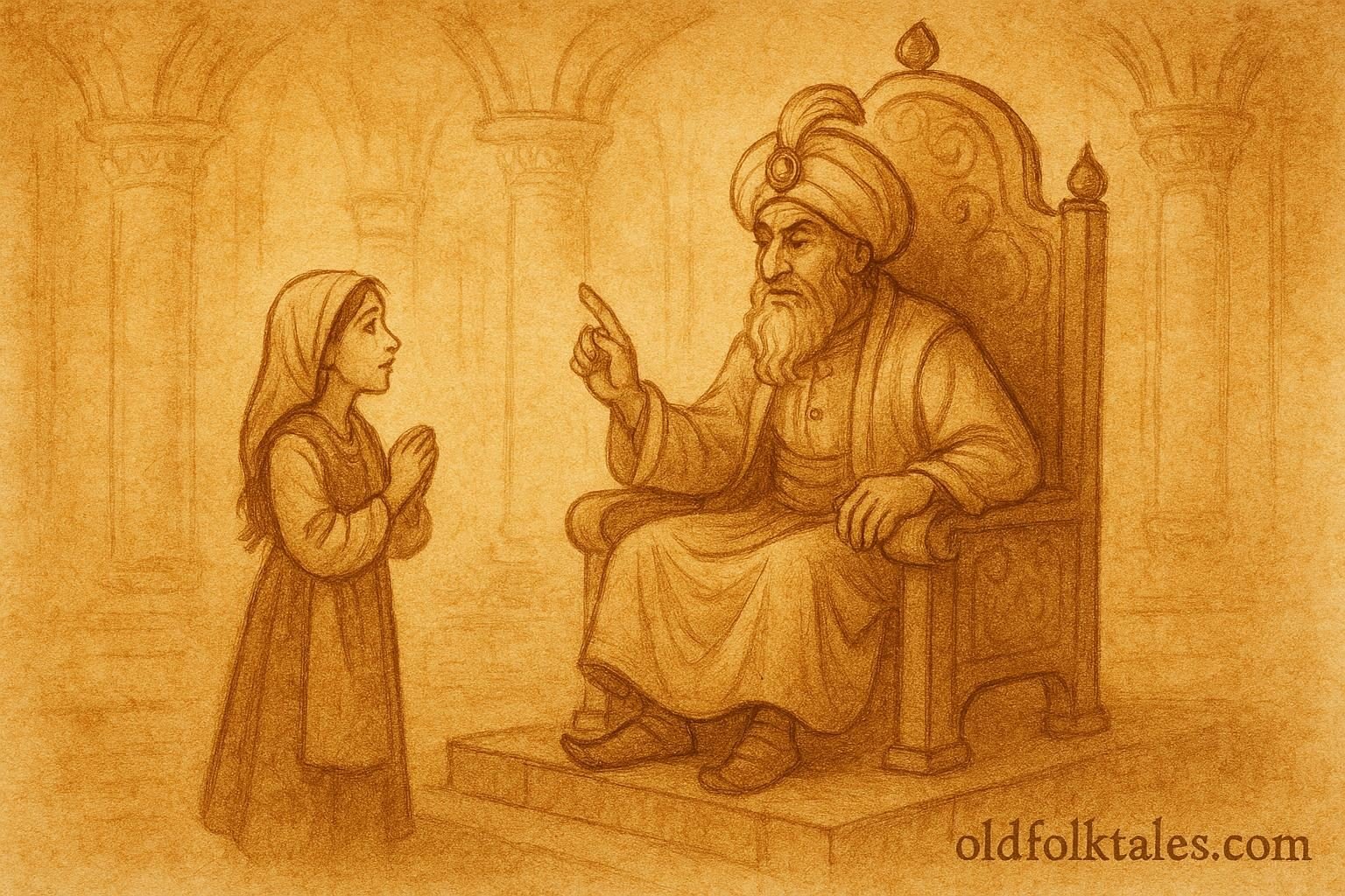 Parchment-style artwork of the wise peasant girl answering the Sultan’s riddles in an Israeli folktale.