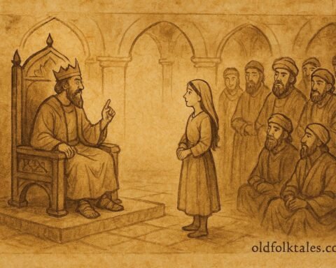 Parchment-style artwork of the wise peasant’s daughter answering the king in a Lebanese folktale.