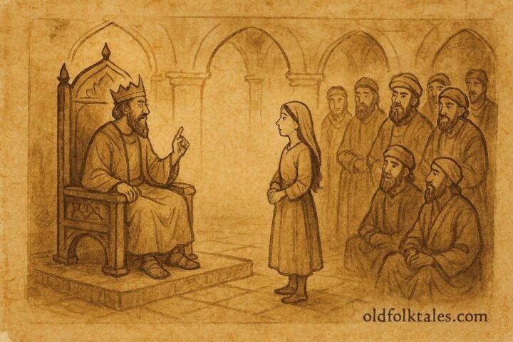 Parchment-style artwork of the wise peasant’s daughter answering the king in a Lebanese folktale.
