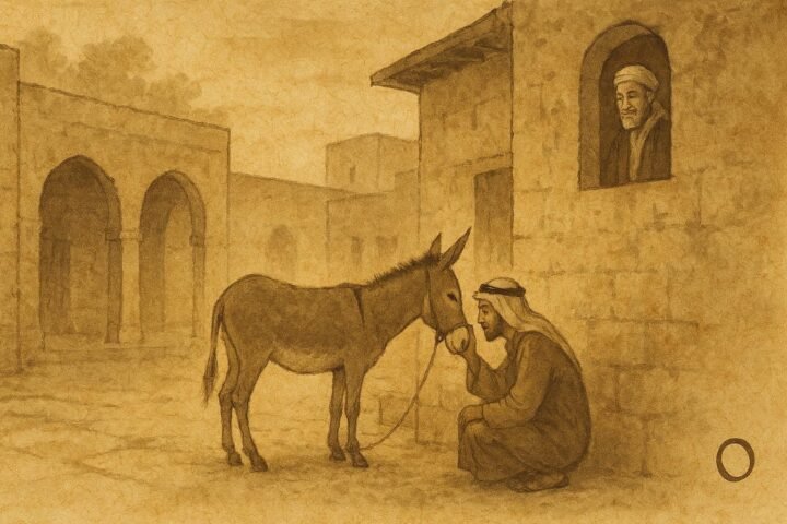 Parchment-style illustration of a judge observing a man with a donkey, Kuwaiti folktale scene.