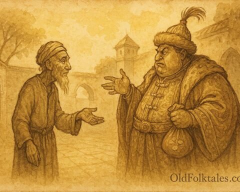 Parchment-style illustration of the Wise Old Man confronting the Greedy Khan, Turkmen folktale scene.
