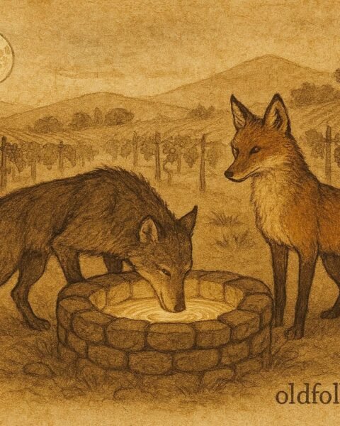 Parchment-style illustration of a fox and wolf at a moonlit well in a Lebanese folktale scene.