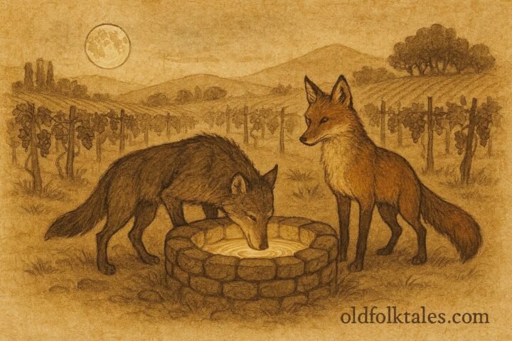 Parchment-style illustration of a fox and wolf at a moonlit well in a Lebanese folktale scene.