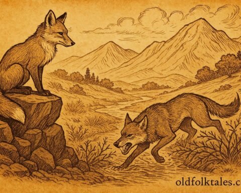 Parchment-style artwork of a clever fox leading a wolf through thorny hills, Afghan folktale scene.