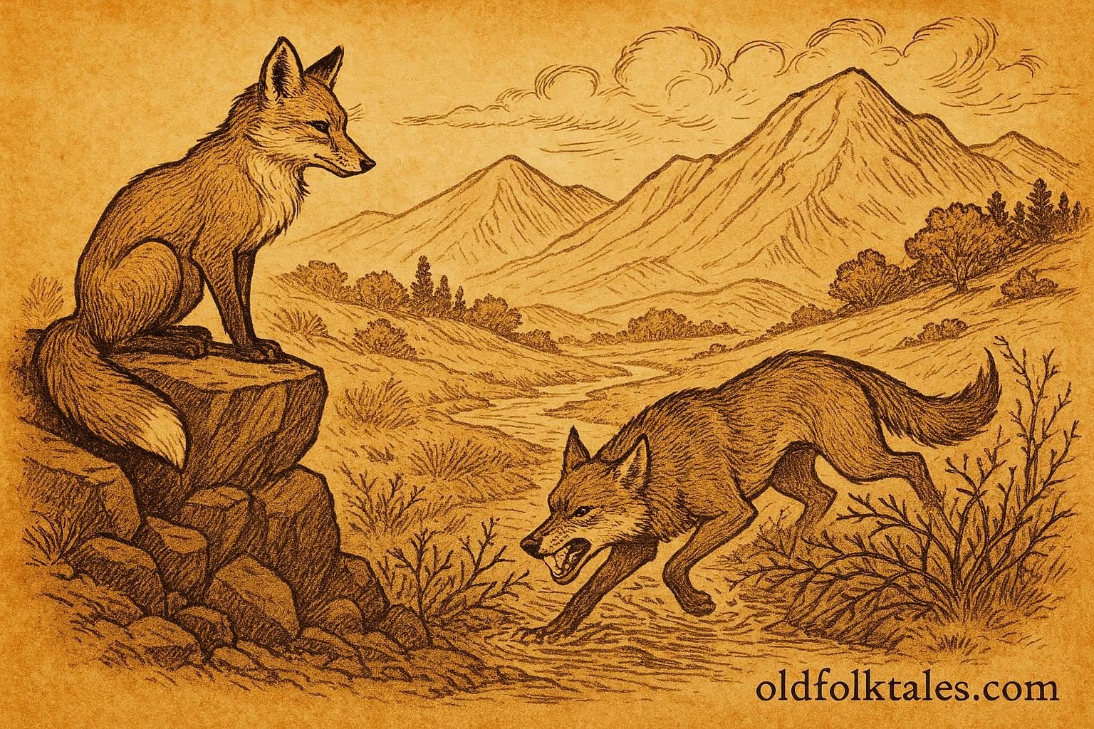 Parchment-style artwork of a clever fox leading a wolf through thorny hills, Afghan folktale scene.
