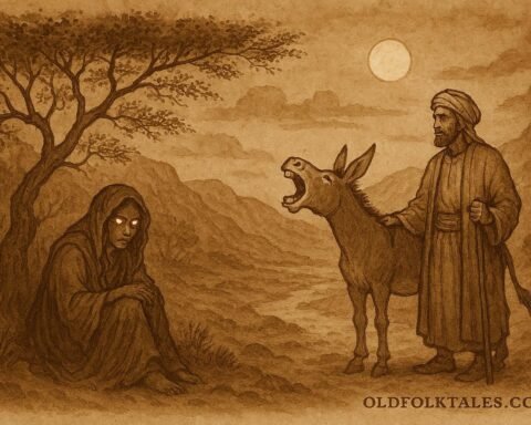 Parchment-style illustration of Suleiman and his donkey confronting a ghoul in a Najdi Arabian folktale.
