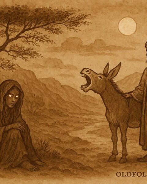 Parchment-style illustration of Suleiman and his donkey confronting a ghoul in a Najdi Arabian folktale.