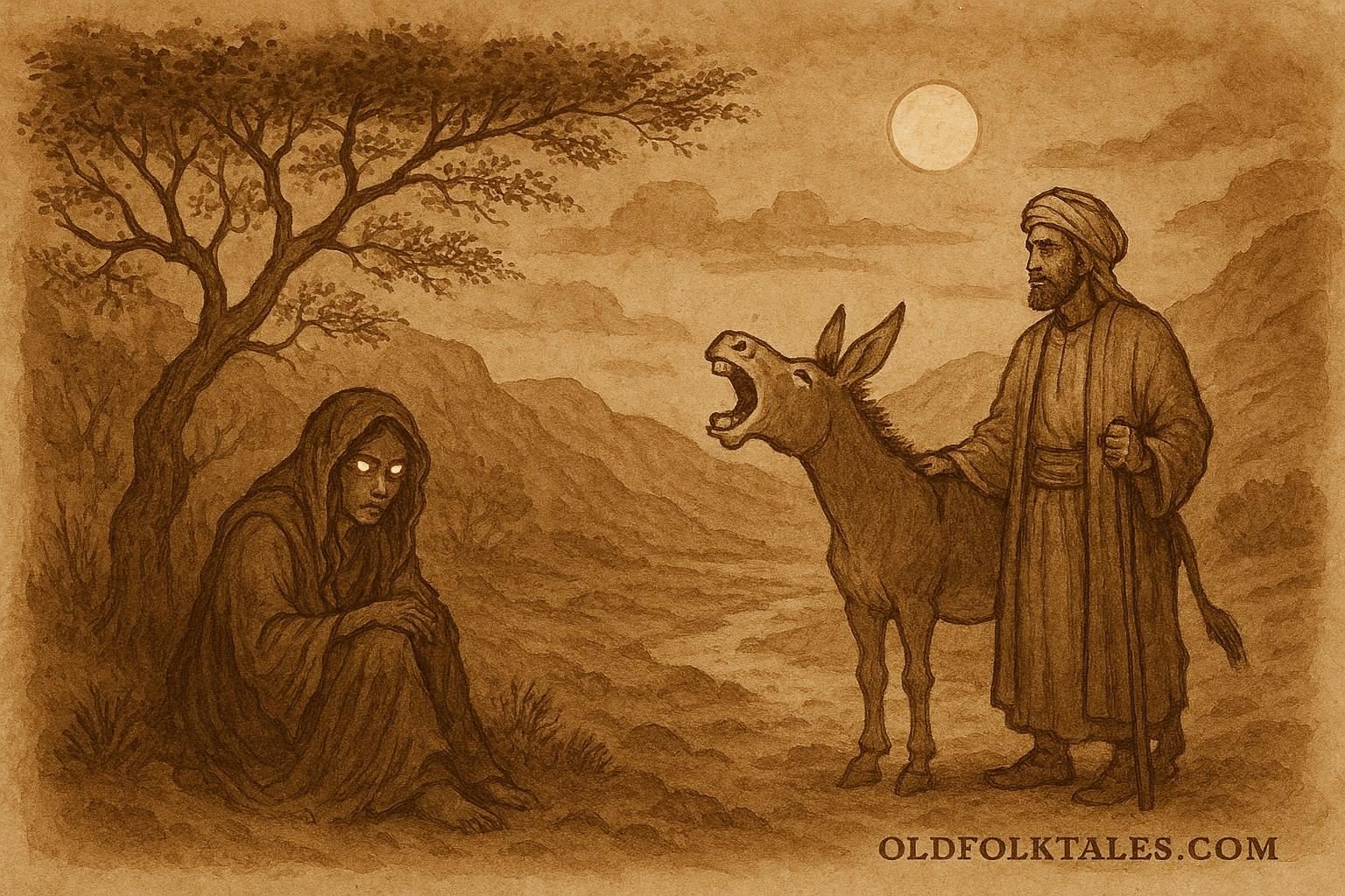 Parchment-style illustration of Suleiman and his donkey confronting a ghoul in a Najdi Arabian folktale.