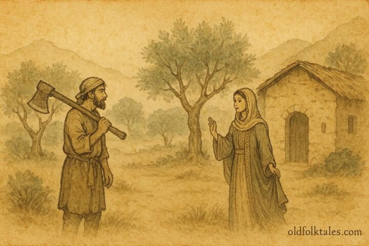 Parchment-style illustration of a woodcutter meeting his wealthy sister, Syrian Arab folktale scene.