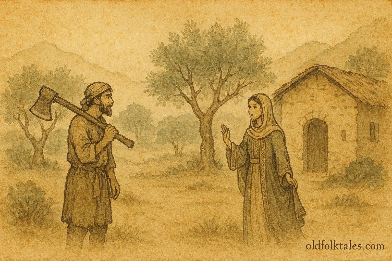 Parchment-style illustration of a woodcutter meeting his wealthy sister, Syrian Arab folktale scene.