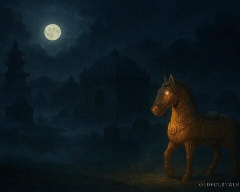 A wooden horse comes to life under moonlight, guarding Baekje royal tombs at night
