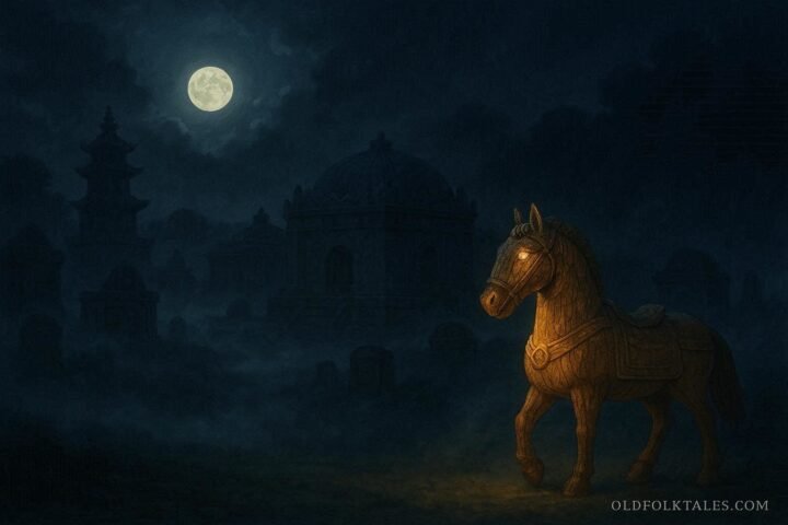 A wooden horse comes to life under moonlight, guarding Baekje royal tombs at night