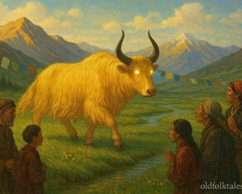 A glowing golden yak guides Tibetan villagers to food and water during a famine.