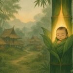 A baby girl emerging from a glowing bamboo stalk in a quiet Burmese hill village surrounded by mist.