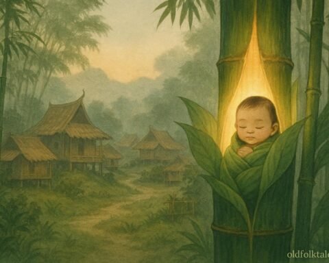A baby girl emerging from a glowing bamboo stalk in a quiet Burmese hill village surrounded by mist.