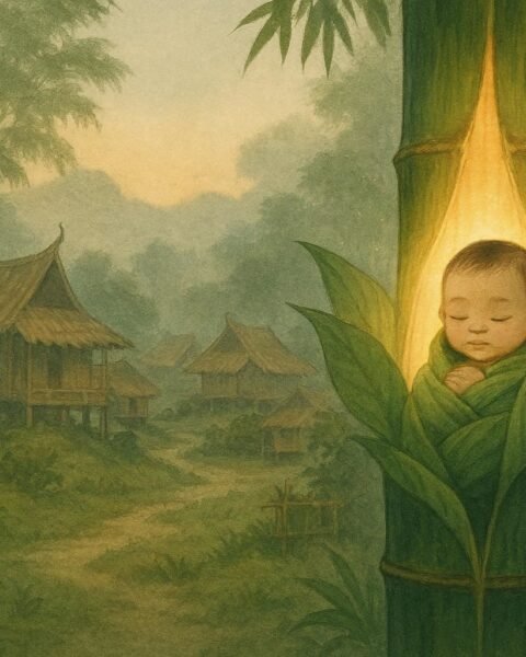 A baby girl emerging from a glowing bamboo stalk in a quiet Burmese hill village surrounded by mist.