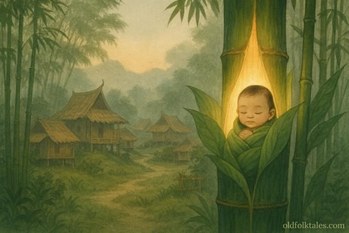 A baby girl emerging from a glowing bamboo stalk in a quiet Burmese hill village surrounded by mist.