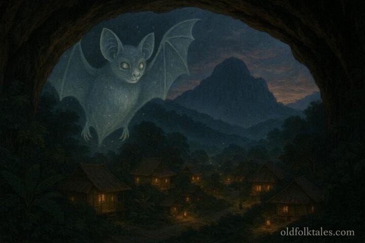 A glowing bat spirit hovering near Chiang Dao Cave while watching over a northern Thai mountain village at dusk.