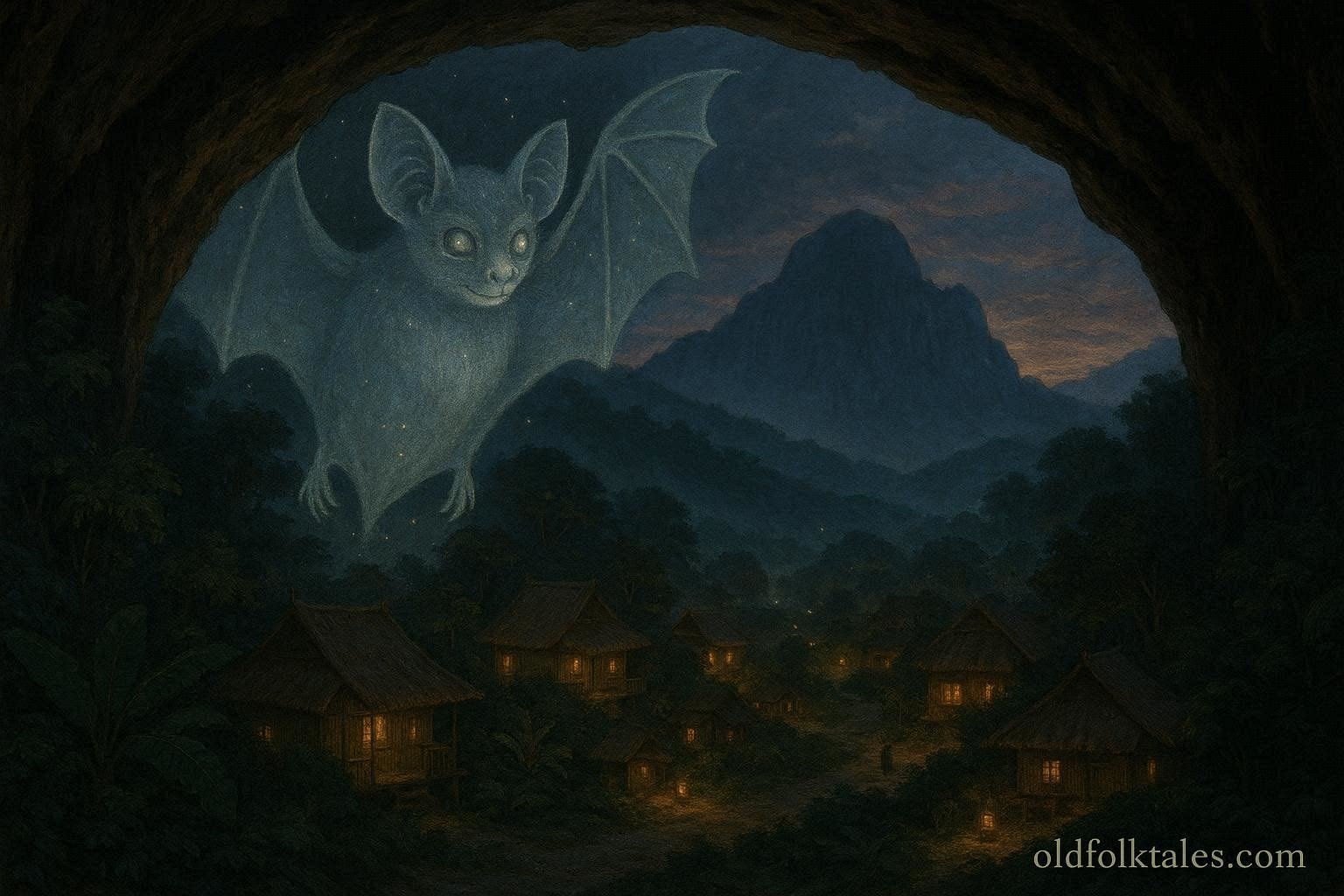 A glowing bat spirit hovering near Chiang Dao Cave while watching over a northern Thai mountain village at dusk.