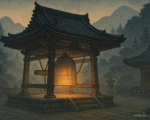 A sacred bronze bell resting in a Buddhist temple courtyard