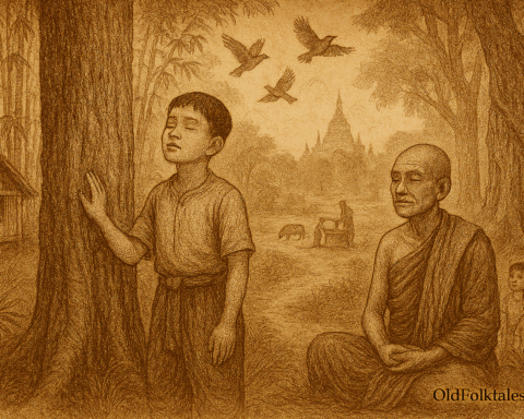 Sepia-toned illustration of an ancient Burmese teak forest wrapped in morning mist. At the center stands a blind boy with calm, uplifted expression, one hand lightly touching a tree trunk as he listens to the forest. A wise old monk sits nearby, serene and attentive. Birds circle above, bamboo and teak trees surround them, and a faint forest path leads forward, symbolizing inner vision, wisdom, and a child who guides others through awareness beyond sight.