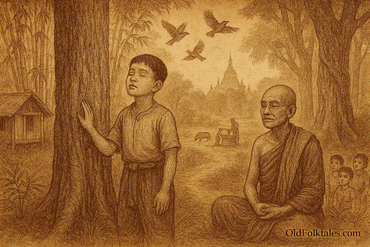 Sepia-toned illustration of an ancient Burmese teak forest wrapped in morning mist. At the center stands a blind boy with calm, uplifted expression, one hand lightly touching a tree trunk as he listens to the forest. A wise old monk sits nearby, serene and attentive. Birds circle above, bamboo and teak trees surround them, and a faint forest path leads forward, symbolizing inner vision, wisdom, and a child who guides others through awareness beyond sight.