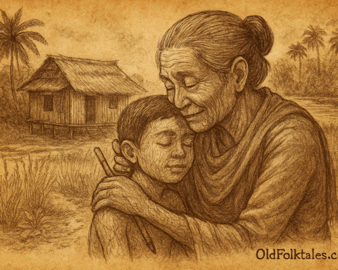 Sepia-toned illustration on aged parchment shows a radiant moment in a Cambodian rice field at sunset. A clay boy stands in the foreground, his cracked body glowing with light as a magnificent bird with shimmering gold and silver feathers emerges from within. The bird spreads its wings, casting rainbow reflections across the paddies. A tearful widow in traditional attire rushes toward him, arms outstretched. In the background, a stunned farmer watches in disbelief, his hand frozen mid-strike. Palm trees and a wooden hut frame the glowing landscape. “OldFolktales.com” is inscribed in the bottom right corner.