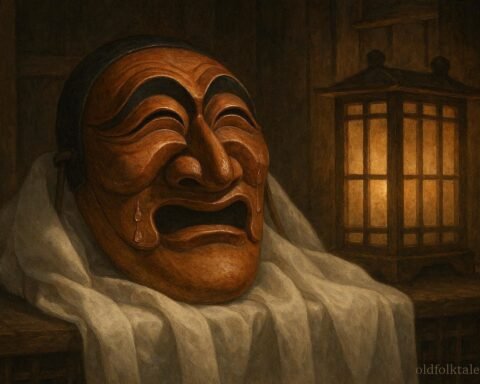 A sacred Korean hahoe mask shedding tears during a traditional village ritual