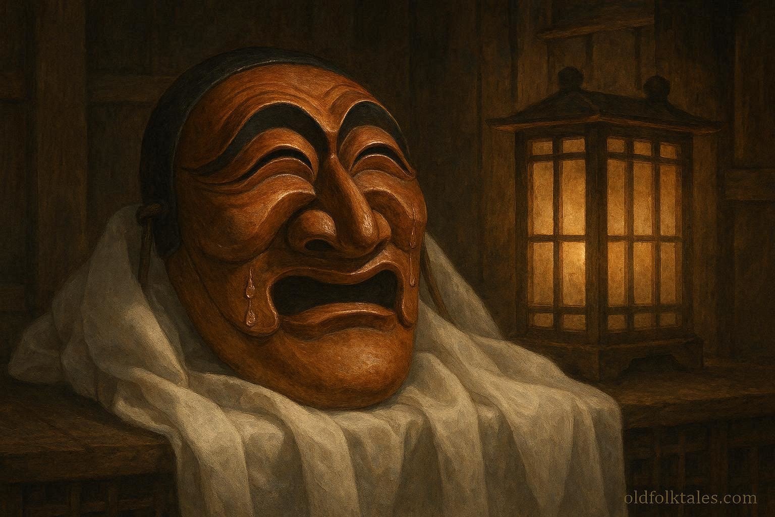 A sacred Korean hahoe mask shedding tears during a traditional village ritual
