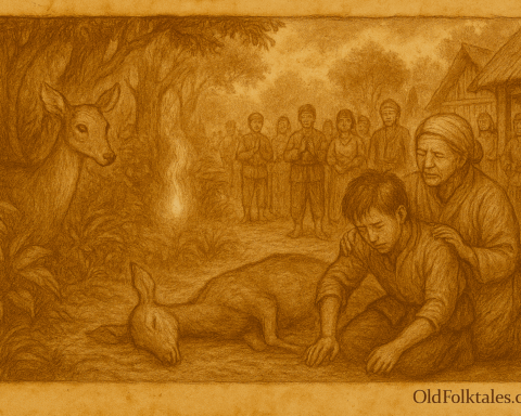 Illustration of Indonesian folktale about Kancil, a deer-born child raised by humans, depicting themes of transformation, forest spirits, and the bond between animals and humans. Scene includes dense Javanese jungle, mystical doe mother, village life, and emotional harvest festival revelation. Highlights cultural heritage, animal symbolism, and ancestral wisdom